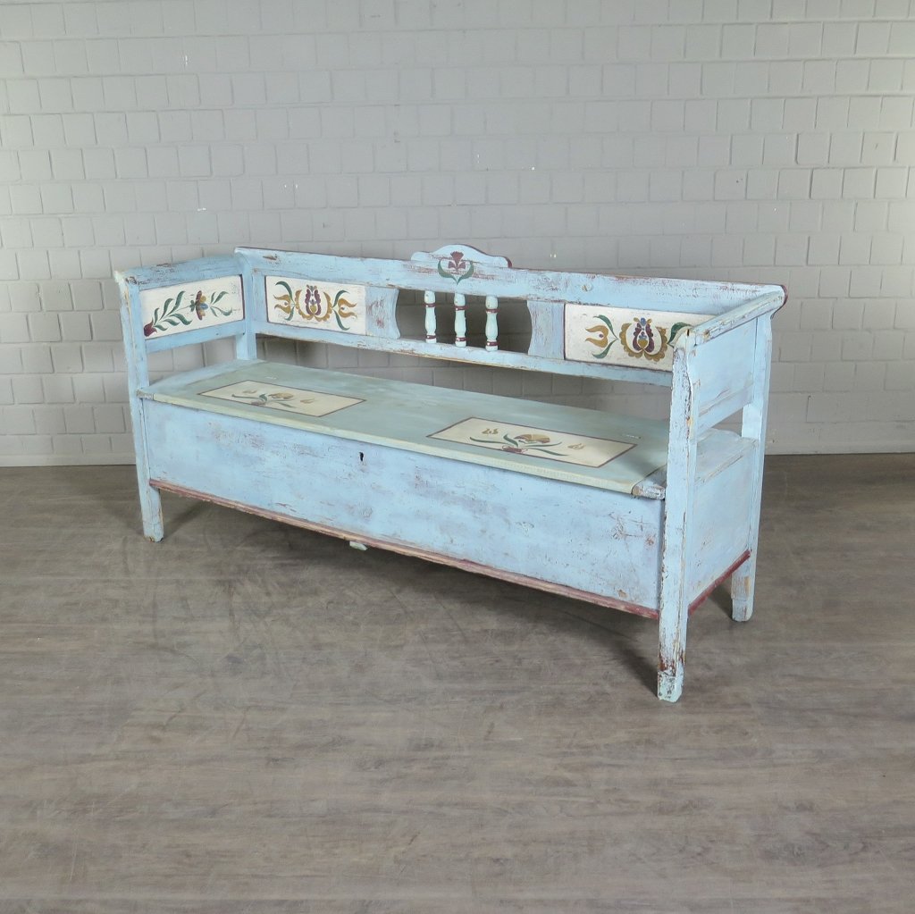 Truhenbank Holzbank Blau 2,00 m Jugendstil 1910 Kiefer