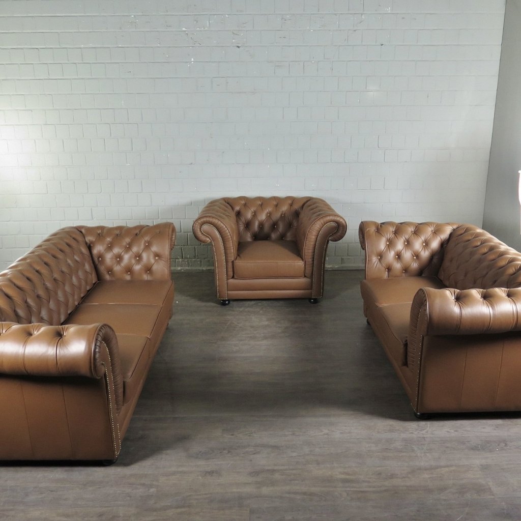 Chesterfield Couchgarnitur Leder Cognac