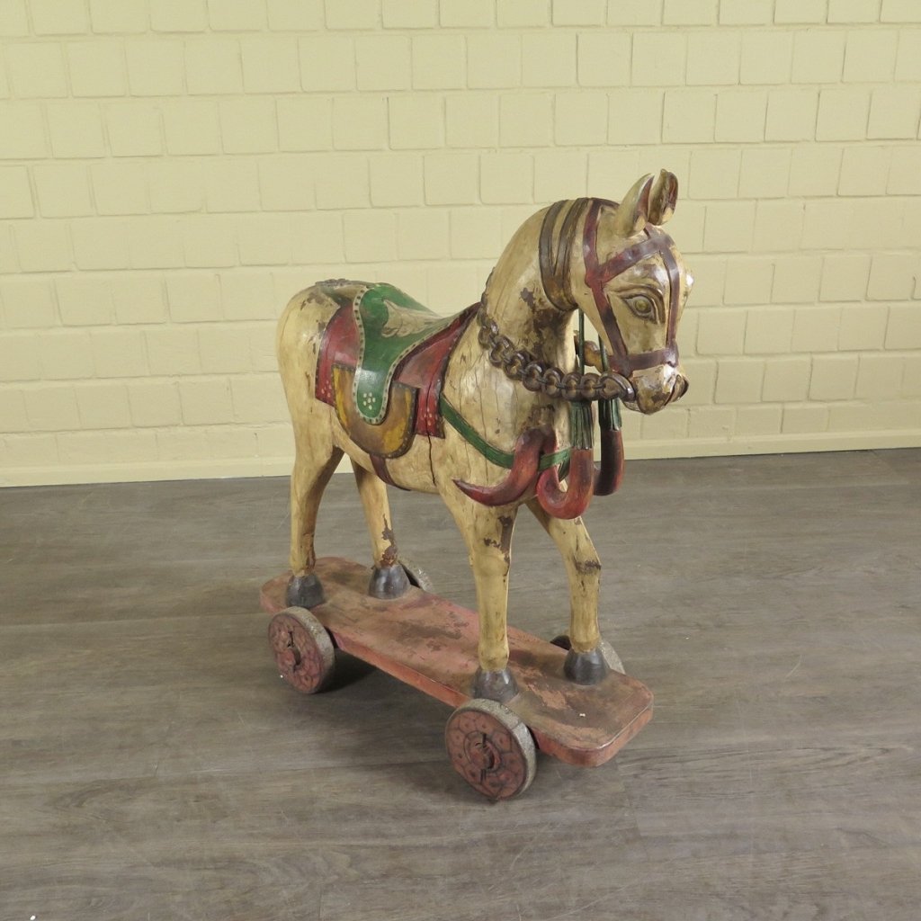 Pferd auf Rollen Holzpferd Rädertier Jugendstil 1910 Teakholz