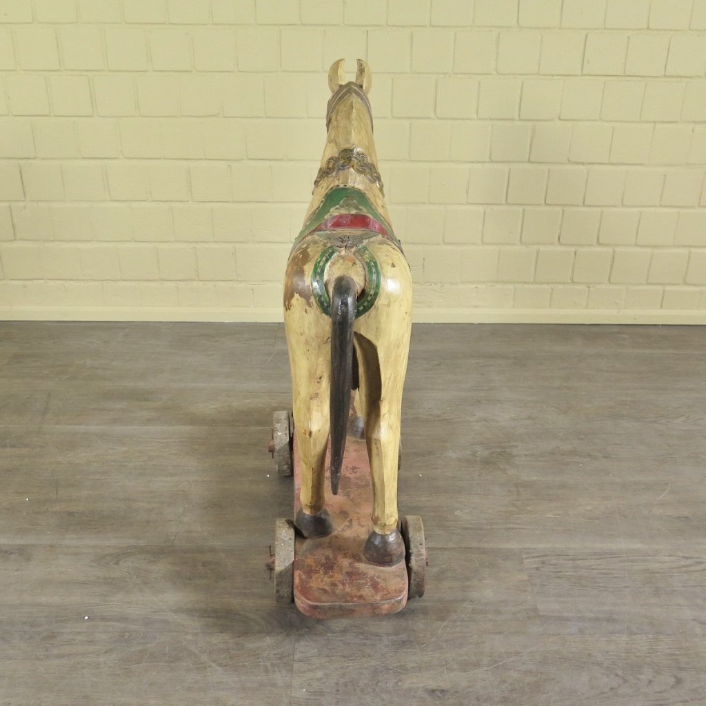 Pferd auf Rollen Holzpferd Rädertier Jugendstil 1910 Teakholz
