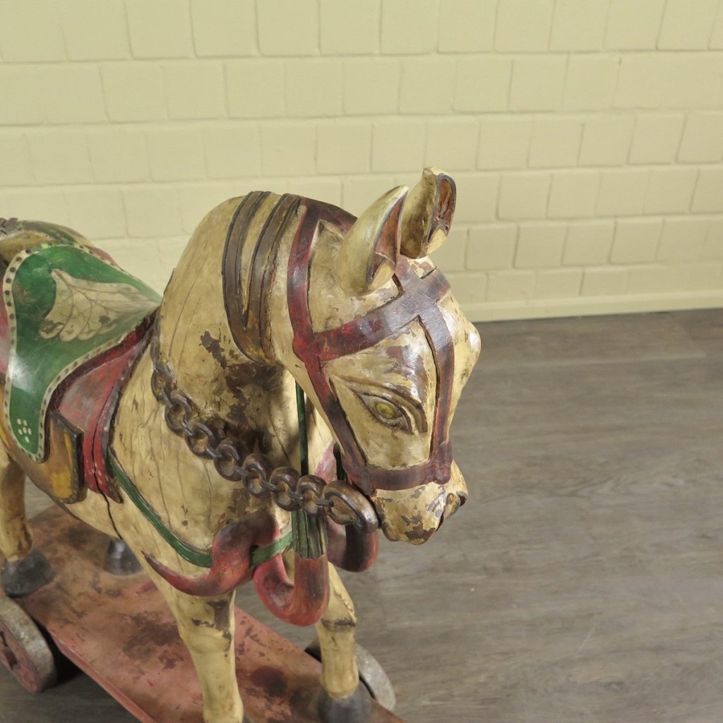 Pferd auf Rollen Holzpferd Rädertier Jugendstil 1910 Teakholz