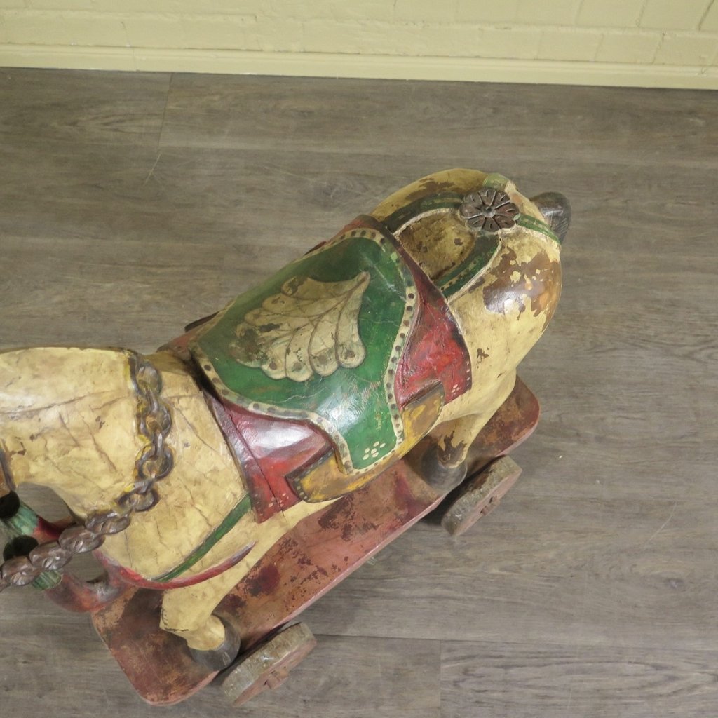 Pferd auf Rollen Holzpferd Rädertier Jugendstil 1910 Teakholz