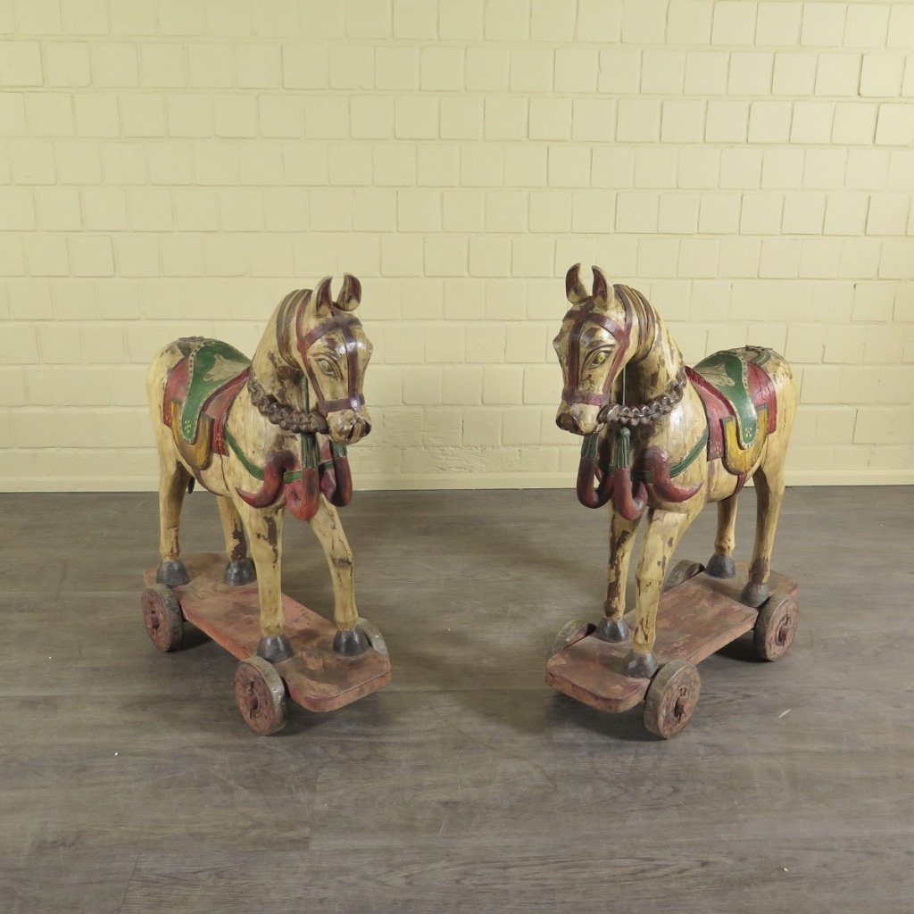 Pferde auf Rollen Holzpferde Rädertiere Jugendstil 1910 Teakholz Set